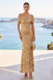 Vestido maxi de sereia bordado floral com lantejoulas douradas no ombro