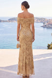 Vestido maxi de sereia bordado floral com lantejoulas douradas no ombro