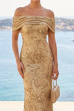Vestido maxi de sereia bordado floral com lantejoulas douradas no ombro