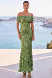 Vestido maxi de sereia bordado floral com lantejoulas douradas no ombro