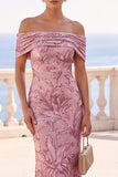 Vestido maxi de sereia bordado floral com lantejoulas douradas no ombro