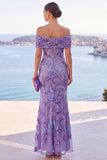 Vestido maxi de sereia bordado floral com lantejoulas douradas no ombro