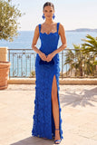 Vestido Maxi Corset 3D Floral Renda 3D Azul Real com Fenda