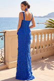 Vestido Maxi Corset 3D Floral Renda 3D Azul Real com Fenda