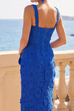 Vestido Maxi Corset 3D Floral Renda 3D Azul Real com Fenda
