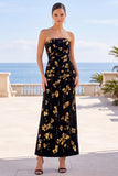 Vestido Maxi Strapless A-Line Estampado em A-Line Preto, Dourado