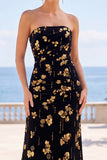 Vestido Maxi Strapless A-Line Estampado em A-Line Preto, Dourado