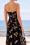 Vestido Maxi Strapless A-Line Estampado em A-Line Preto, Dourado