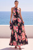 Vestido Maxi preto de decote halter, estampado floral e plissado em chiffon