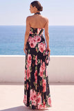 Vestido Maxi preto de decote halter, estampado floral e plissado em chiffon