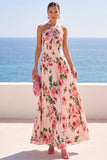 Vestido Maxi preto de decote halter, estampado floral e plissado em chiffon