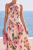 Vestido Maxi preto de decote halter, estampado floral e plissado em chiffon