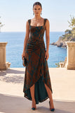 Vestido Maxi Verde Verde Escuro com Gola Quadrada Alta e Baixa Jacquard Bainha Franzida