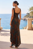 Vestido Maxi Verde Verde Escuro com Gola Quadrada Alta e Baixa Jacquard Bainha Franzida