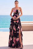 Vestido Maxi Preto, Estampado Floral, Estampado e Franzado, Vestido Maxi Sem Alças, com Fenda
