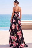 Vestido Maxi Preto, Estampado Floral, Estampado e Franzado, Vestido Maxi Sem Alças, com Fenda