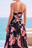 Vestido Maxi Preto, Estampado Floral, Estampado e Franzado, Vestido Maxi Sem Alças, com Fenda