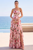 Vestido Maxi Preto, Estampado Floral, Estampado e Franzado, Vestido Maxi Sem Alças, com Fenda