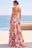 Vestido Maxi Preto, Estampado Floral, Estampado e Franzado, Vestido Maxi Sem Alças, com Fenda