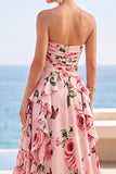 Vestido Maxi Preto, Estampado Floral, Estampado e Franzado, Vestido Maxi Sem Alças, com Fenda