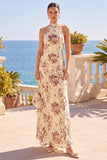 Vestido Maxi de Gola Alta com Gola Alta e Estampado Floral, Vestido Maxi