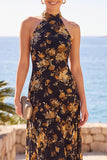 Vestido Maxi de Gola Alta com Gola Alta e Estampado Floral, Vestido Maxi