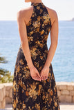Vestido Maxi de Gola Alta com Gola Alta e Estampado Floral, Vestido Maxi