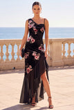 Vestido Maxi Preto Assimétrico de Veludo Florla com Aveludo e Bainha Folhosa