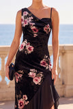 Vestido Maxi Preto Assimétrico de Veludo Florla com Aveludo e Bainha Folhosa