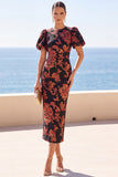 Vestido Midi preto floral bodycon com decote redondo e mangas curtas bufantes