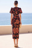 Vestido Midi preto floral bodycon com decote redondo e mangas curtas bufantes