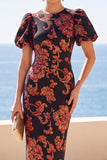 Vestido Midi preto floral bodycon com decote redondo e mangas curtas bufantes