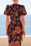 Vestido Midi preto floral bodycon com decote redondo e mangas curtas bufantes