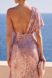 Vestido Maxi de Lantejoulas Franzidas de Rosa Rosa Brilhante com Lantejoulas Franzidas e Folhos