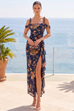 Vestido Maxi Floral de ombro frio azul-marinho com fenda lateral com folhos