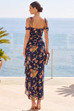 Vestido Maxi Floral de ombro frio azul-marinho com fenda lateral com folhos