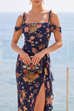 Vestido Maxi Floral de ombro frio azul-marinho com fenda lateral com folhos