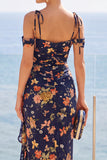 Vestido Maxi Floral de ombro frio azul-marinho com fenda lateral com folhos