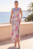 Vestido Maxi Maxi, com bainha assimétrica, com lantejoulas prateadas prateadas brilhantes, decote redondo, floral franzido