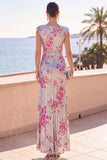 Vestido Maxi Maxi, com bainha assimétrica, com lantejoulas prateadas prateadas brilhantes, decote redondo, floral franzido