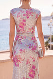 Vestido Maxi Maxi, com bainha assimétrica, com lantejoulas prateadas prateadas brilhantes, decote redondo, floral franzido