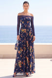 Vestido Maxi franzido com bordado floral azul azul Ilusão e ombros descobertos