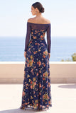 Vestido Maxi franzido com bordado floral azul azul Ilusão e ombros descobertos