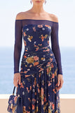 Vestido Maxi franzido com bordado floral azul azul Ilusão e ombros descobertos