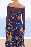 Vestido Maxi franzido com bordado floral azul azul Ilusão e ombros descobertos