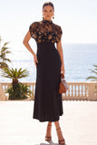 Vestido Midi Floral de Gola Alta Black Illusion com Mangas Curtas