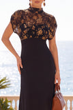 Vestido Midi Floral de Gola Alta Black Illusion com Mangas Curtas