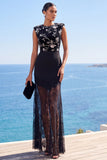 Vestido Maxi de decote redondo, preto transparente com renda transparente e bainha