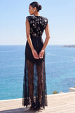 Vestido Maxi de decote redondo, preto transparente com renda transparente e bainha
