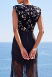 Vestido Maxi de decote redondo, preto transparente com renda transparente e bainha